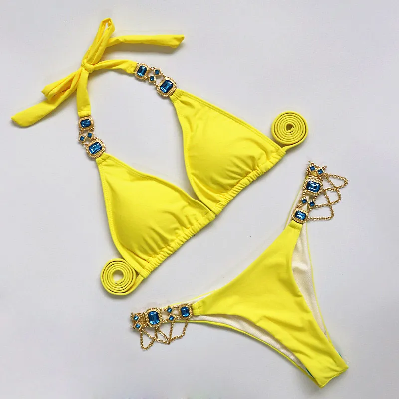 

Solid Swimsuits Diamond Bikini Halter Bandage Biquini Sexy Swimwear Women Yellow Black White Bathing Suit Micro Swimming Suit