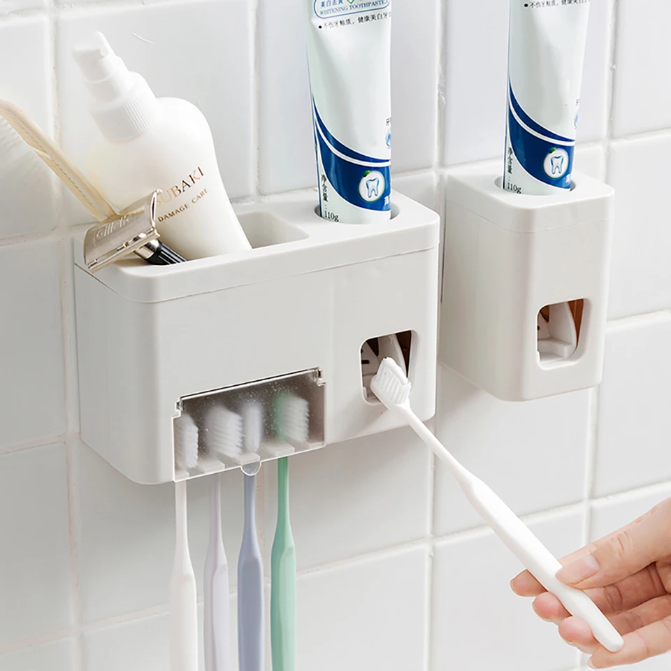

High QualityHand Free Toothpaste Dispenser Automatic Wall Mounted Sticker 4 Toothbrush Holder Squeezer Bathroom Organizer Shelf