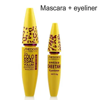 

High Quality Professional Make Up Set Leopard Colossal Curling Black Mascara + Liquid Entice Cheetah Cosmetic
