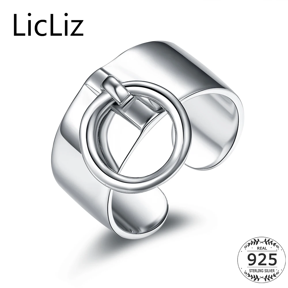 

LicLiz Simple Pure 925 Sterling Silver Adjustable Rings For Women Round Circle Charm Dangle Ring Pendant Wide Ring Band LR0323