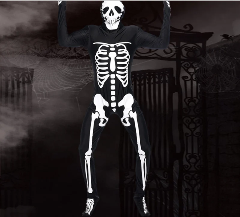 Для взрослых мужчин Хэллоуин с капюшоном платье Скелет Грим жнец призрак костюм Джокер комбинезон черный злой смерти страшный Косплей ужас наряд