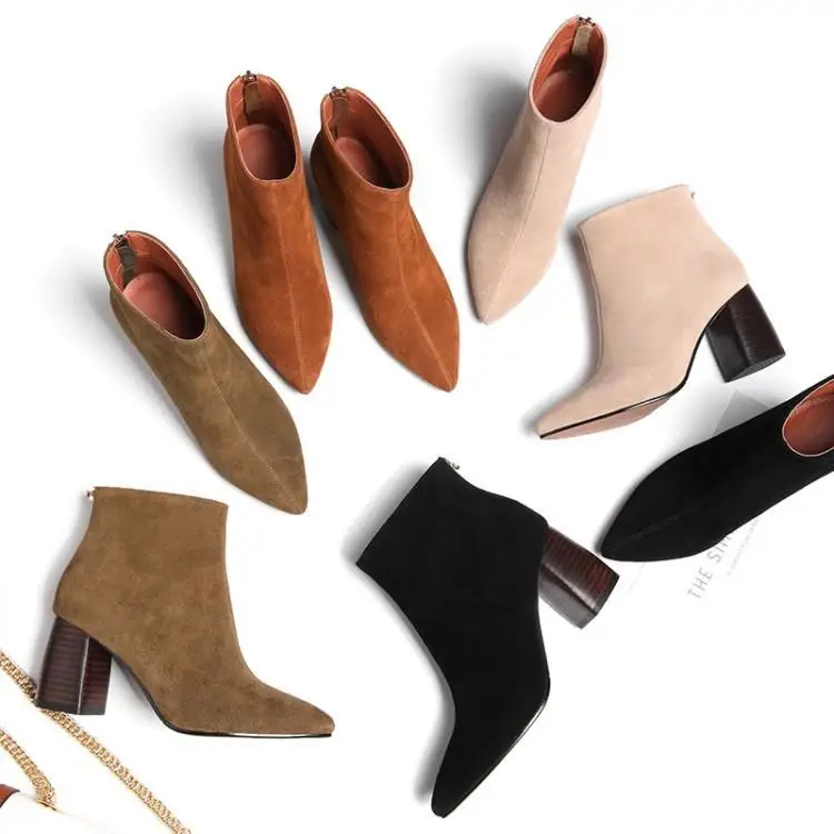 

Solid Green Black Beige Brown Suede Ankle Boots For Women Pointed Toe Square High Heels Ladies Botas Mujer Back Zipper Shoes