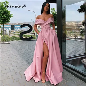 

CHENXIAO Elegant Burgundy Evening Dress 2019 Satin A-Line Off The Shoulder Split Floor Length Evening Dresses Long Vestidos