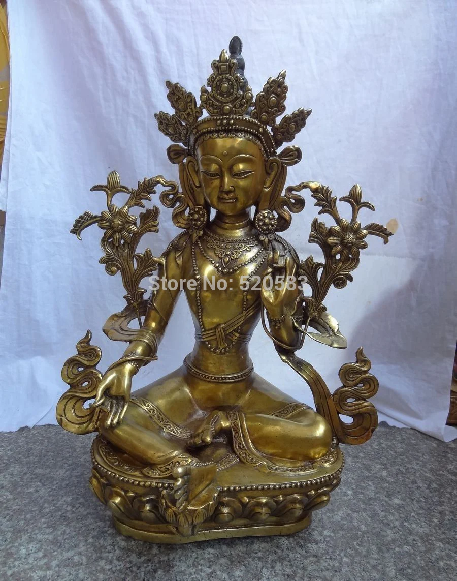 

24" Tibet Bronze Gilt Buddhist GuanYin Goddess Green Tara Buddha Joss Statue