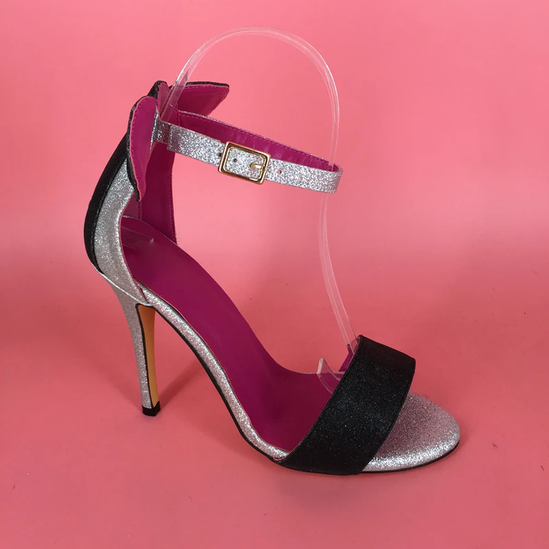Silver-Black-Glitter-Minnie-Sandal-Women-High-Heel-Stilettos-Shoes-Party-Sandal-Ankle-Straps-PU-Graceful