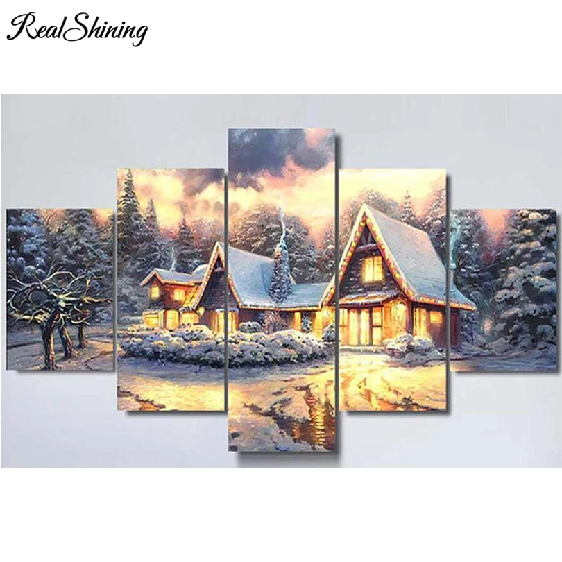 

REALSHINING Full Square Needlework 5D DIY Diamond Painting Winter Snow House Diamond Embroidery Cross Stitch Mosaic Decor FS326