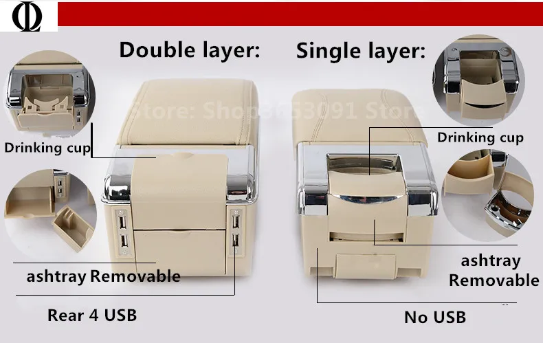  New product 7USB+Lift+Slide+LED central Store armrest box content box with cup holder ashtray For C