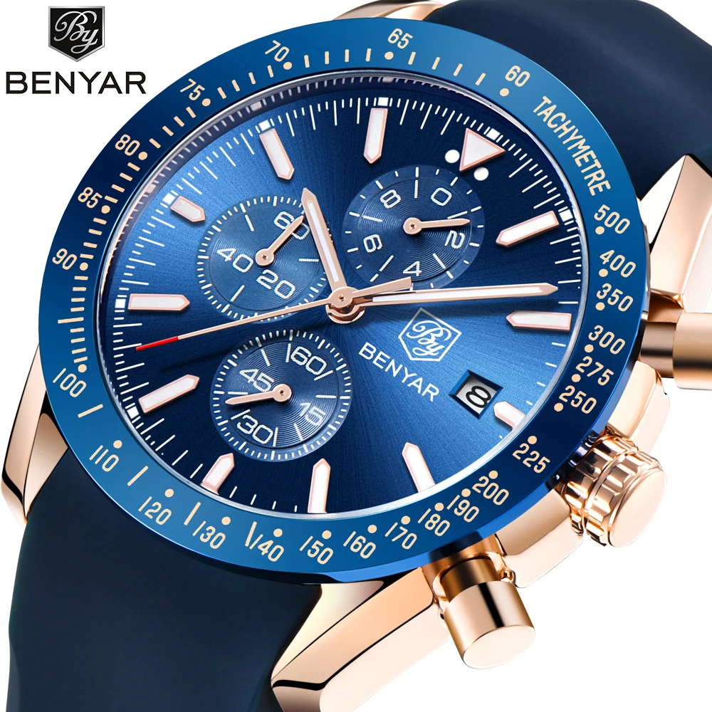 Хронограф Золотые мужские Benyar Топ бренд Роскошные спортивные наручные часы relogio