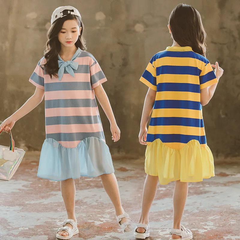 

2019 Summer Teen Girls Children Dress Fashion Chiffon Patchwork Striped Kids Dresses for Girls Clothes Kids Costume 12 14 Year
