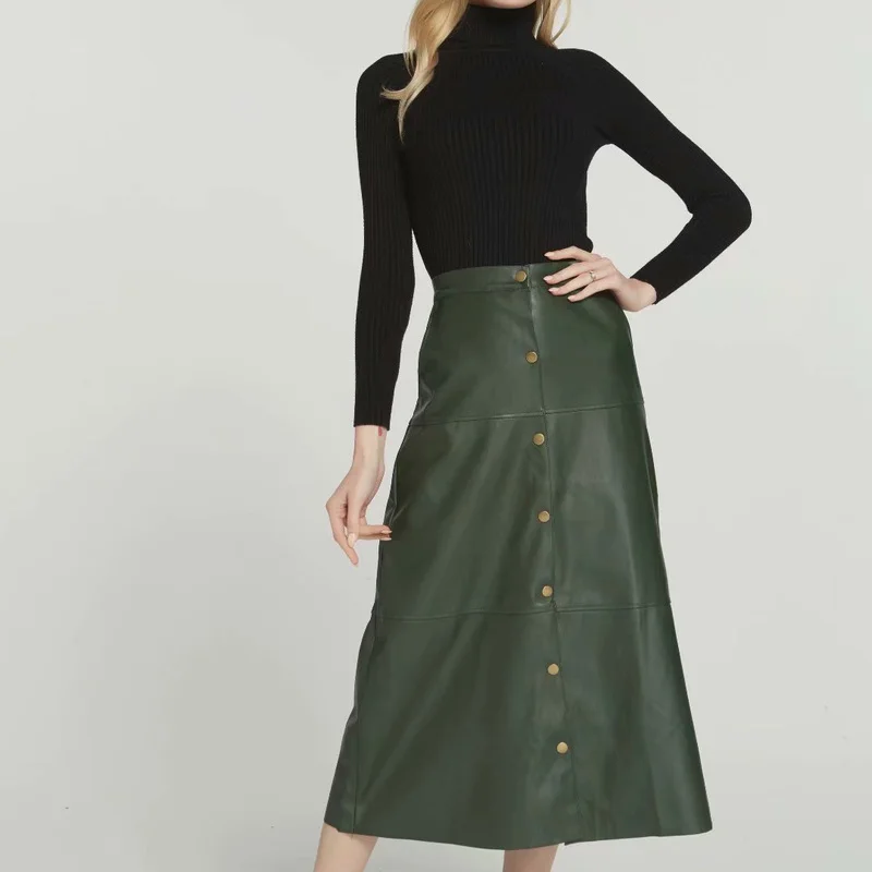 

ZA 2019 Spring New Women Green PU Faux Leather Casual Skirts