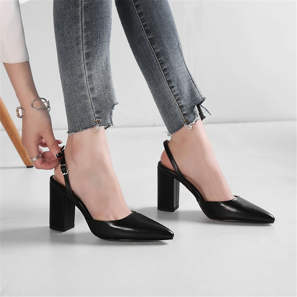 

RIBETRINI Hot Sale Cow Leather 4 Colors Summer Sandals Woman Shoes Buckle Strap Thick High Heels Elegant Sandals Woman Shoes