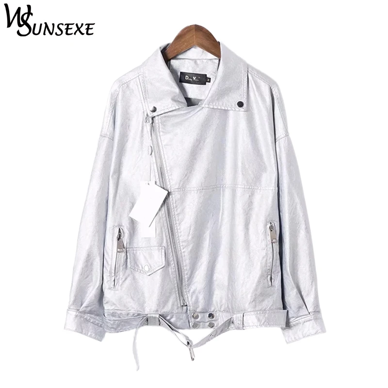 Nero Argento Chiusura Allentato Della Moda 2018 Streetwear Di Parka Outwear Il Delle Dorato Luminoso Donne Del Nuova Lampo oro Autunno Cappotto argento Pelle Metallo Dell'unità Elaborazione giacca BoxCder