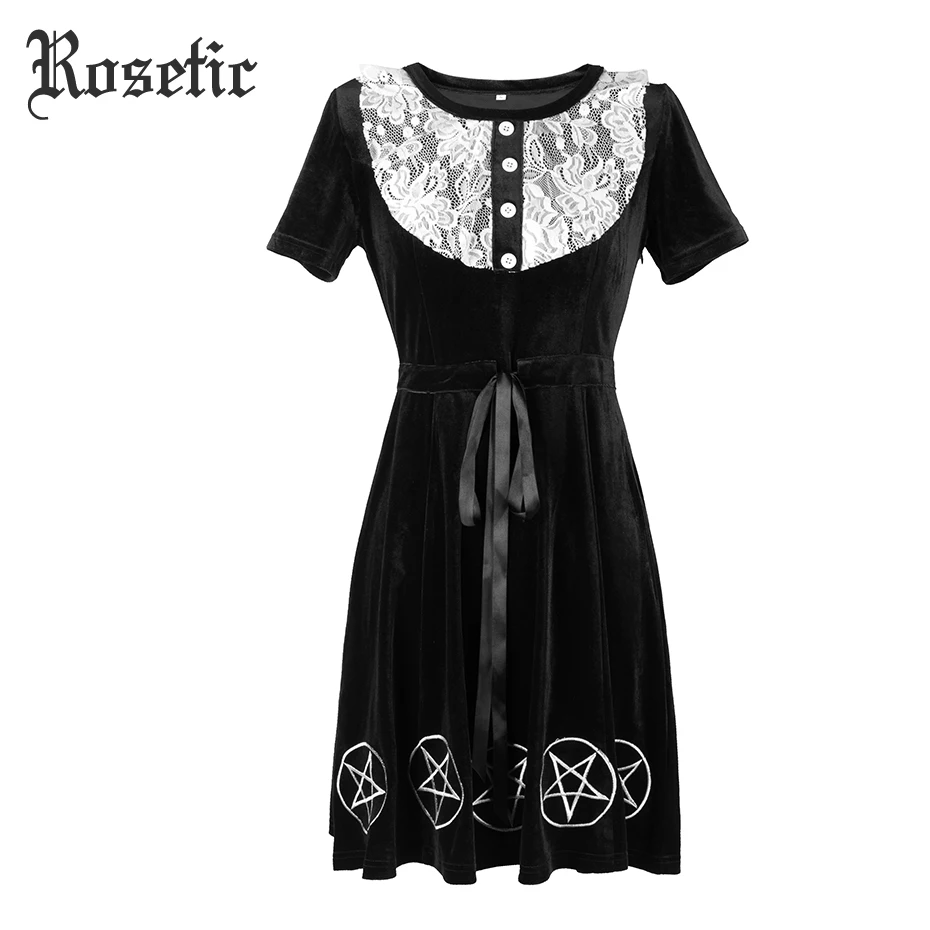 

Rosetic Gothic Skater Mini Dress Lace Pentagram Star Print Black Girl Summer Travel Party Slim Short Harajuku Goth Casual Dress