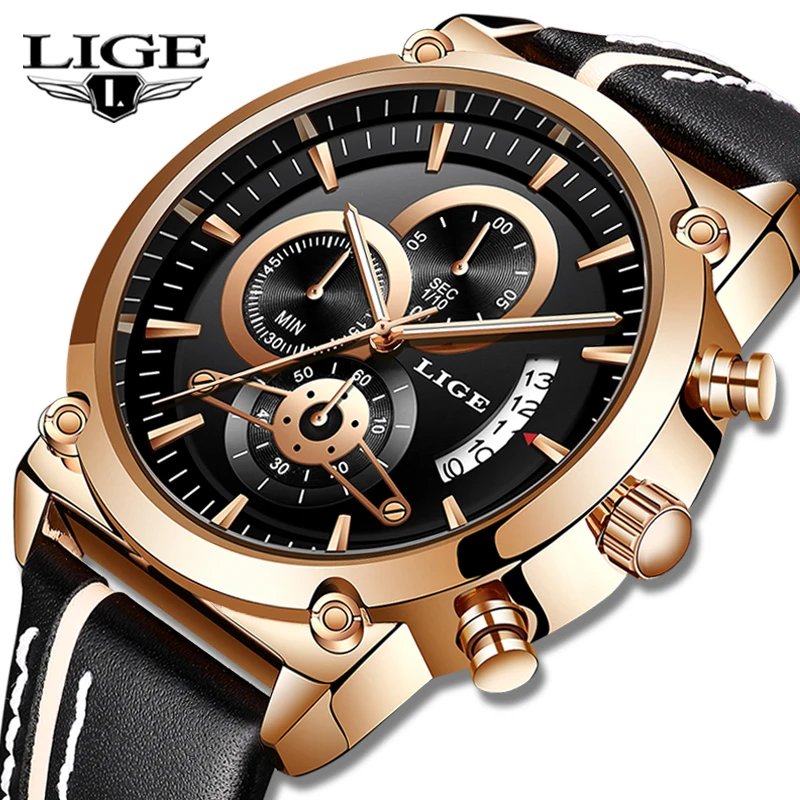 

2019 New Mens Watches LIGE Top Brand Luxury Chronograph Men Watch Leather Luxury Waterproof Sport Watch Male Man Wristwatch