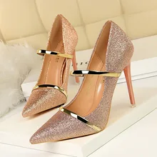 BIGTREE/расшитая блестками тканевая женская обувь Туфли-лодочки на высоком каблуке золотистого цвета с двумя ремешками элегантные вечерние свадебные туфли с острым носком для женщин