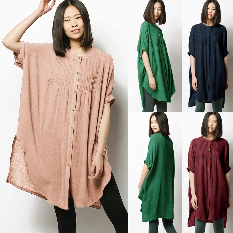 3XL 4XL 5XL Plus Size Vintage Tunic Women Blouse Shirt Pleated Buttons Low High Irregular Hem Split Half Sleeve Loose Long Tops 3XL 4XL 5XL Plus Size Vintage Tunic Women Blouse Shirt Pleated Buttons Low High Irregular Hem Split Half Sleeve Loose Long Tops