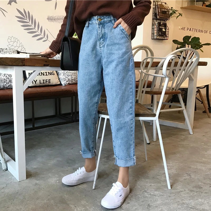 

Ulzzang Korea Style Women Fashion Vintage Denim Allmatch Straight Loose Harajuku Student Jeans Ankle-length Pants Trousers Cloth