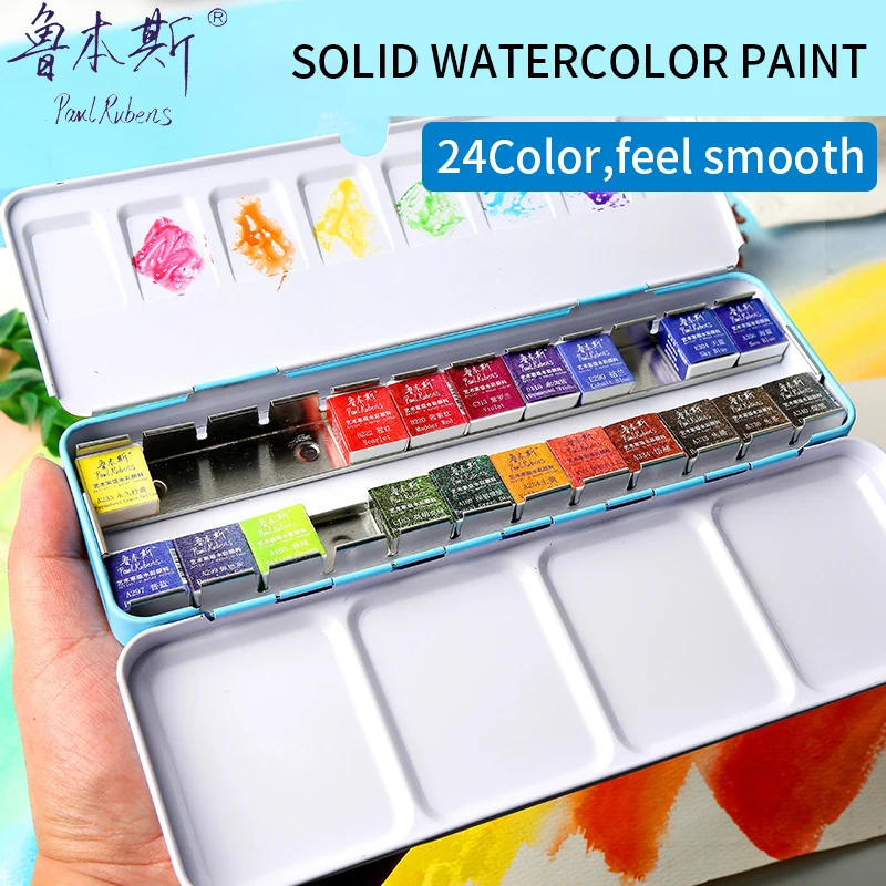

Paul Rubens 24Color Professional Solid Watercolor Painting Set Iron Box Bright Color Portable Watercolor Pigment Set For Artist