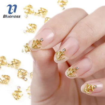 

10pc Golden Alloy Glitter 3d Nail Art Anchor Decorations with Rhinestones,3D Nail Charms,Jewelry on Nails Salon Supplies TN666