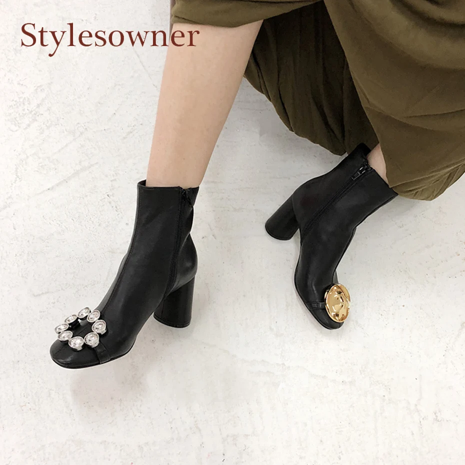 

Stylesowner new design metal button decoration ankle boots for women rhinestone buckle round toe chunky heel short boots black
