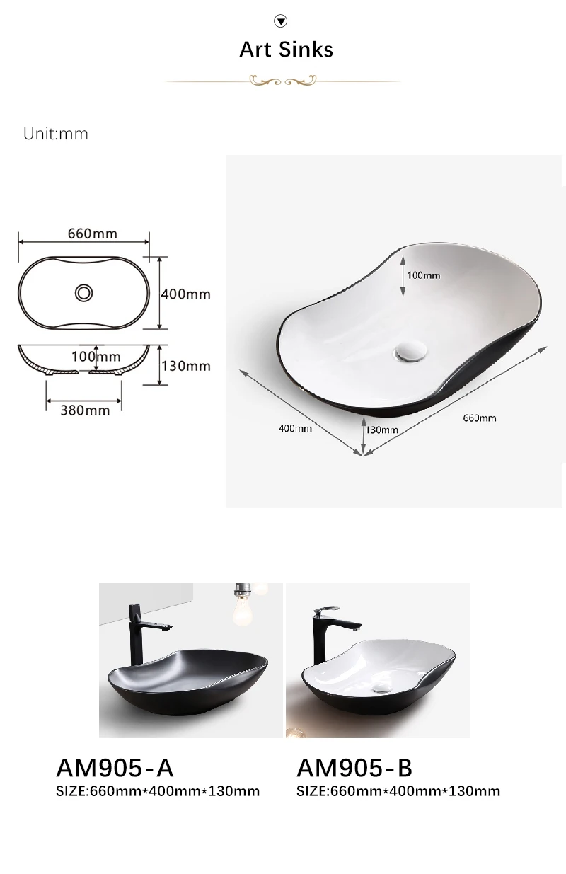 Art Bathroom Sinks 660*400*130mm Matte Black White Ceramic Vessel Big Size Washing Basin Bowl Counter Top Lavatary Sink AM905