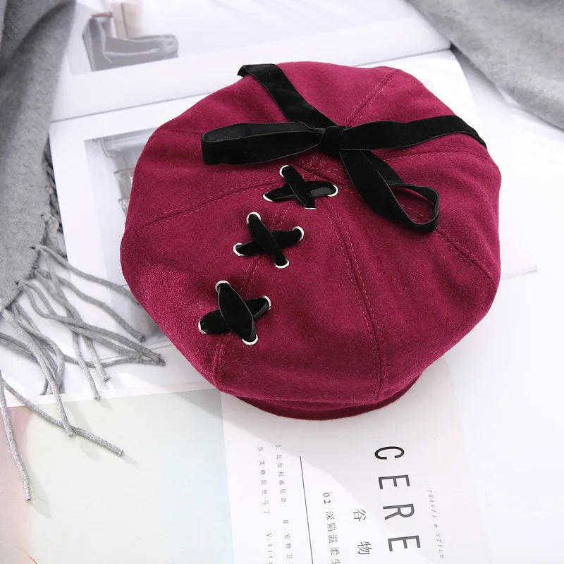 Корейская мода осень и зима мода Джокер акриловые береты 4 цвета сплошной Цвет бант художника кепки для женщин - Цвет: red