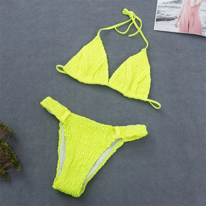 

Neon Bikini Swimwear Women Yellow Swimsuit Smocking Bikini Set Halter Bathing Suit Beachwear Push Up Maillot De Bain Femme