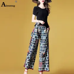 Мода многоцветный принт широкие брюки набор Винтаж круглый воротник короткий рукав 2019 Новый женский летний комплект из двух предметов топ