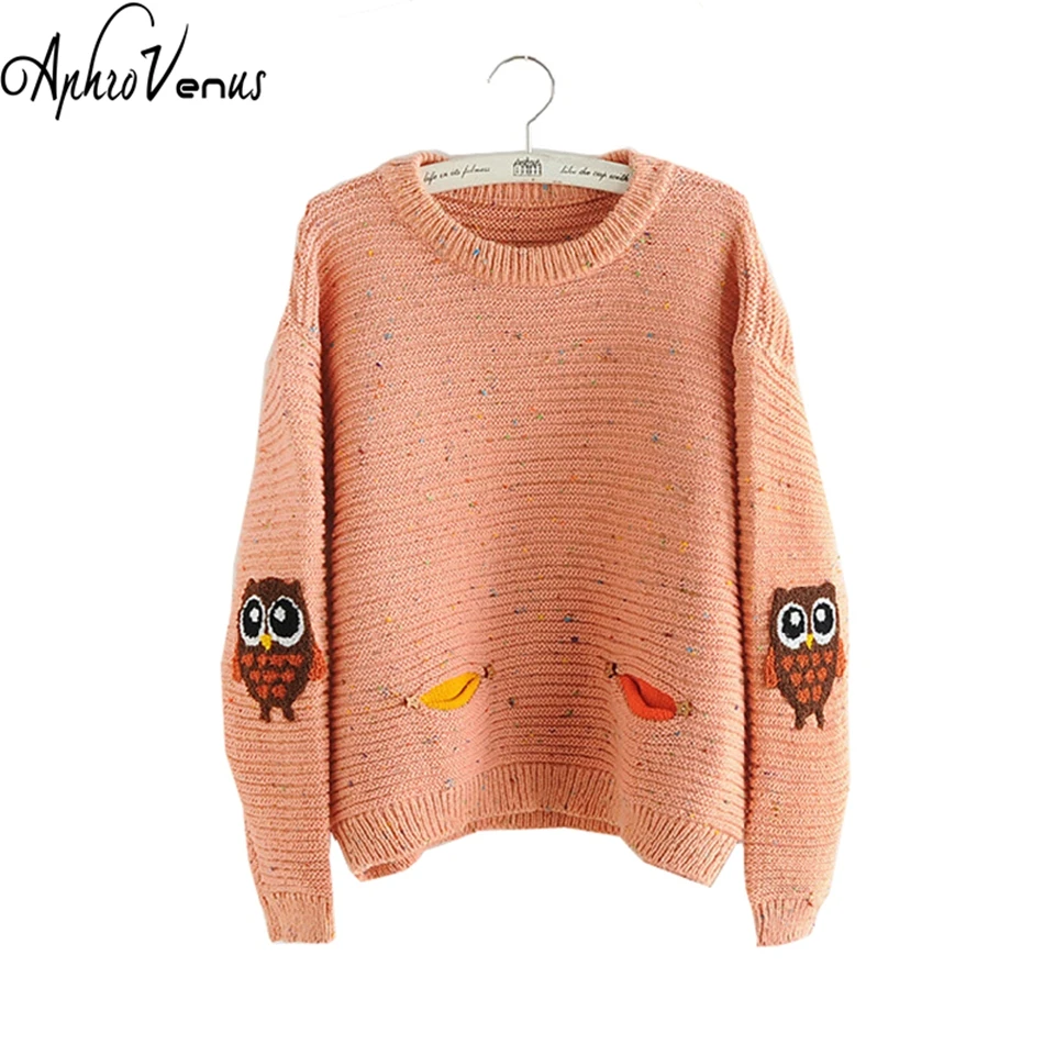 Women Sweater Autumne Pullover O-neck Owl Character With Pocket Hit Color Colid  Loose Cashmere Sweater Pullover Sweater Women