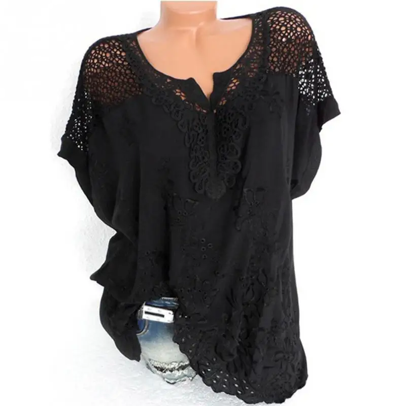 Women Blouse Plus Size XL-5XL Bat's wing sleeved V neck Tops shirt Fashion Lace Edge vestidos casual shirts #0128