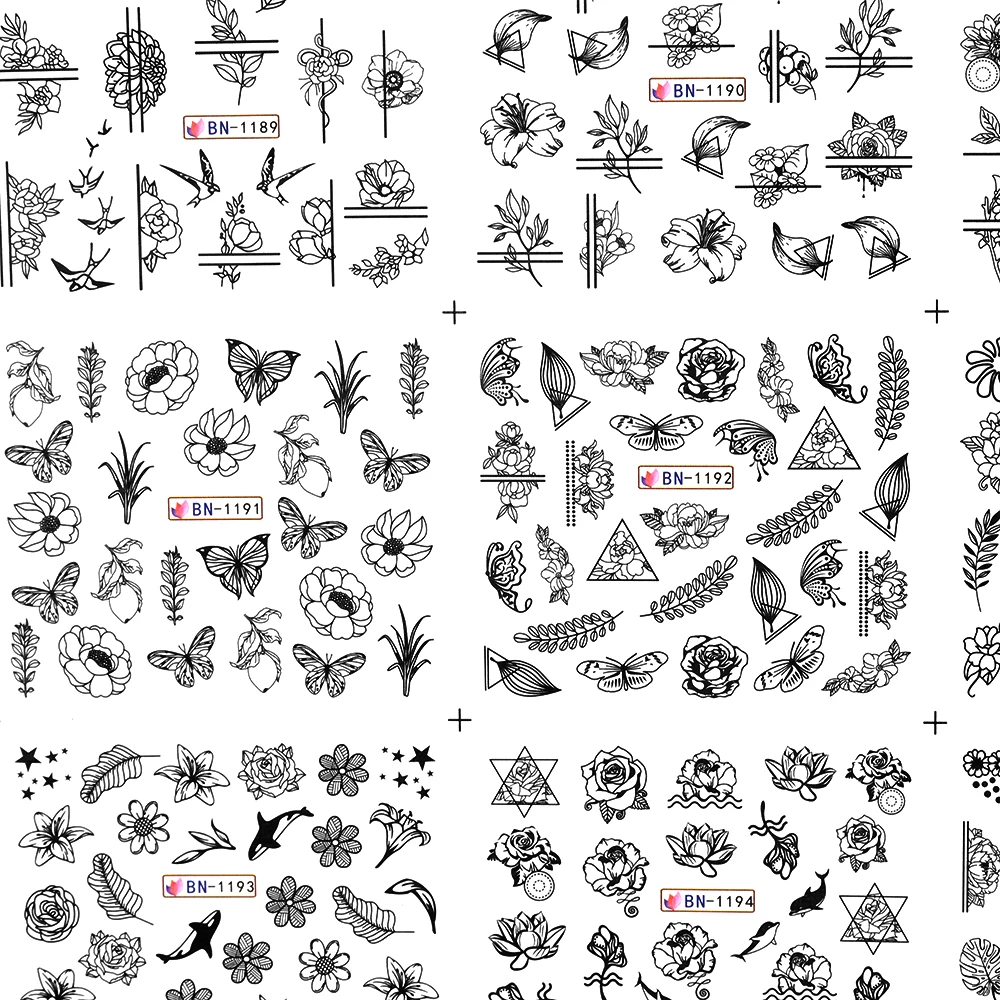 12 видов дизайн ногтей черная наклейка переноса воды Стикеры татуировки фольга DIY цветок розы слайдер обертывания бумага для маникюра украшения Маникюр