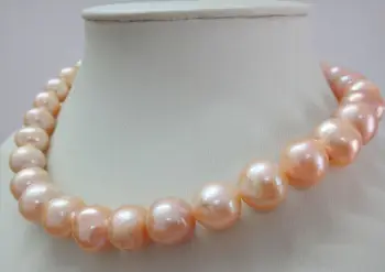 

free shipping elegant huge 12mm gold pink pearl necklace 18inch 14k