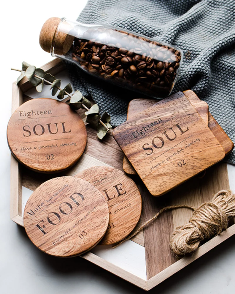 3Pcs Cup Coasters Square Round Wood Drink Coaster Heat Insulation Cup Mat Wooden Mug Coaster Table Placemat Kitchen Accessories (1-1)