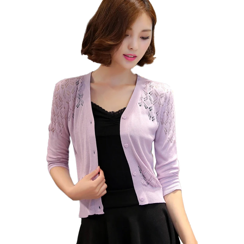 2016 Womens Candy Color Three Quarter Sleeve cardigans Thin Hollow crochet coats cheap cardigan feminino Knitwear Sweater Tops