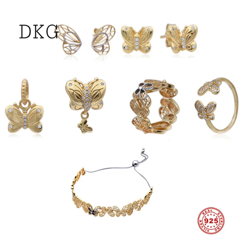 

2019 NEW 925 Sterling Silver Gold Shine Decorative Openwork Butterfly Charm Set Fit Original DKG Bracelets DIY Jewelry for Women