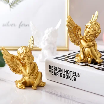 

American style, a pair of golden white lovely angel bookcase, TV cabinet, desktop table decoration, living room soft package