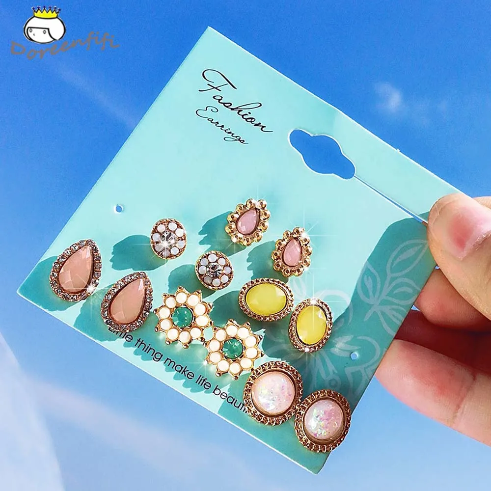

Summer Jewelry 6pairs/set Female Bohemian Stud Earring Set Flower Round Waterdrop Crystal for Women Indian Brincos Femme Aretes