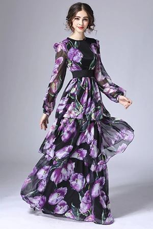 Женское длинное платье-тюльпан LD LINDA DELLA, подиумное винтажное многоярусное платье макси с длинным рукавом, с цветочным принтом, весна - Цвет: Фиолетовый
