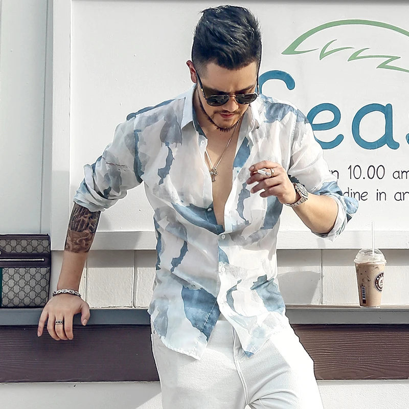 

New Floral Print Shirt Men Slim Fit Chemise Homme 2019 Luxury Brand Flower Print Mens Dress Shirts Camisa Social S875