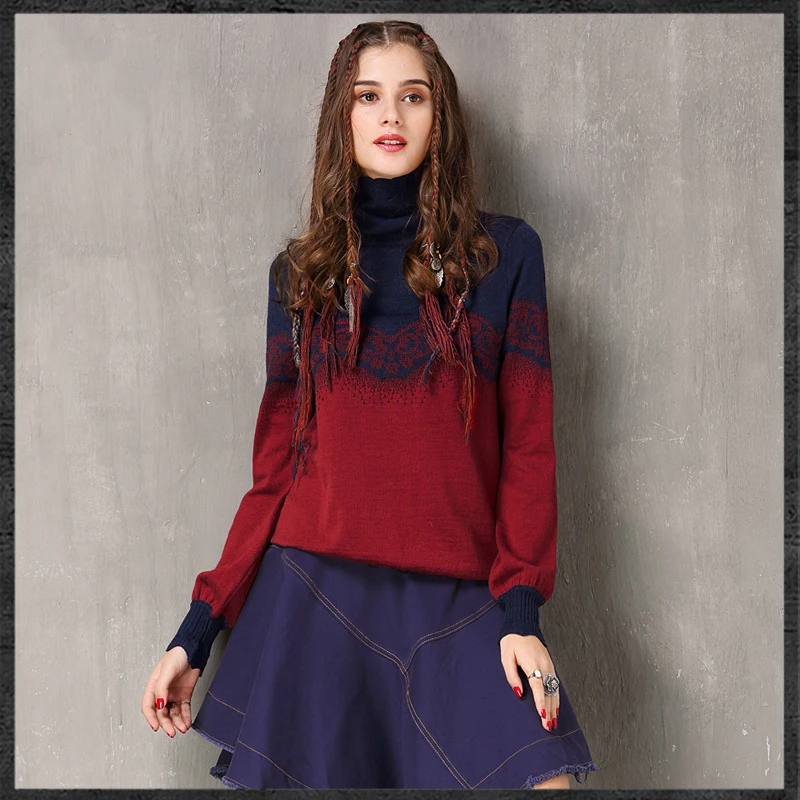 Этническая Стиль контраст Цвет свитер женский узкий Высокий воротник жаккардовые свитера женские Высокое качество эластичные пуловеры