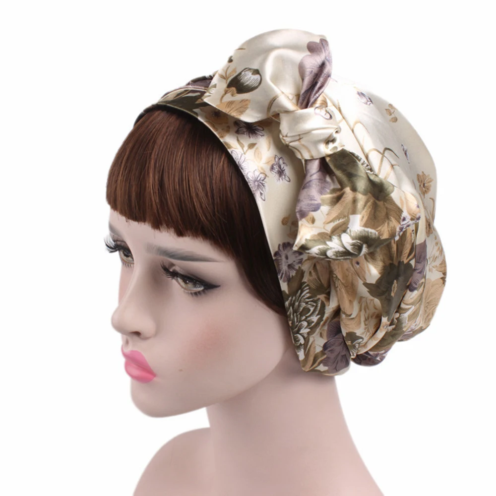 beige flower 1 шт. 58 см Мягкая Шелковая женская ночная шапочка для душа регулируемая Дамская длинная шапочка для ухода за волосами головной убор Мягкая атласная шляпа аксессуары - Цвет: beige flower