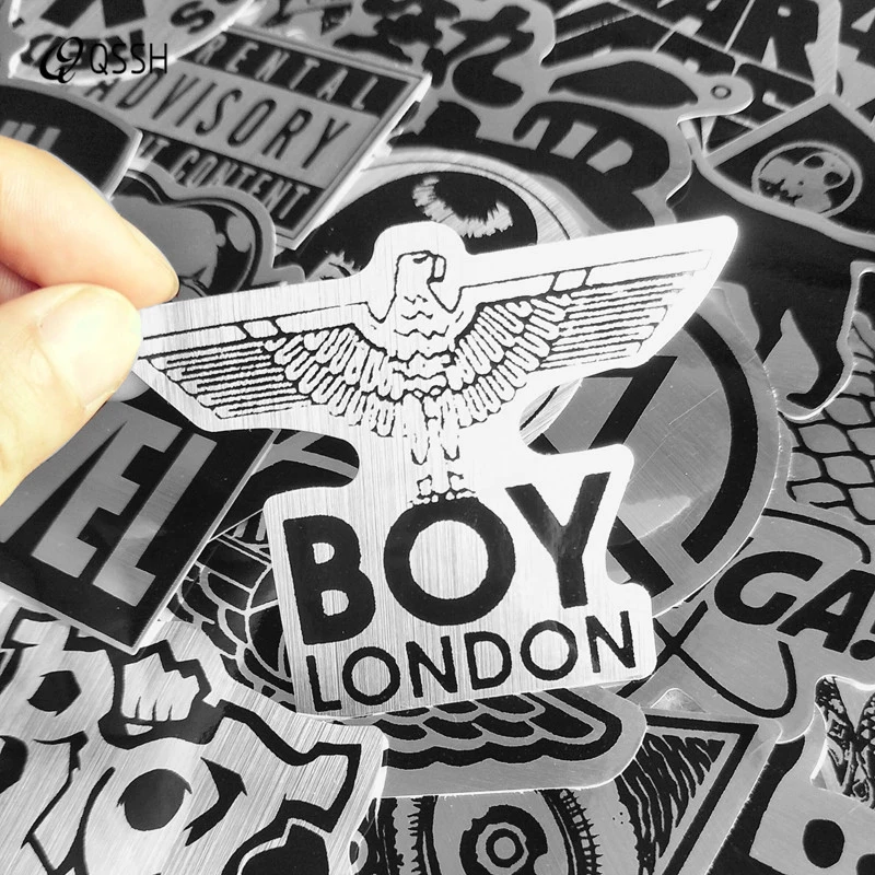 

55Pcs Black and White Metal Wire-drawing Sticker Random Graffiti Waterproof Stickers For Laptop Luggage Imitating Metal Sticker
