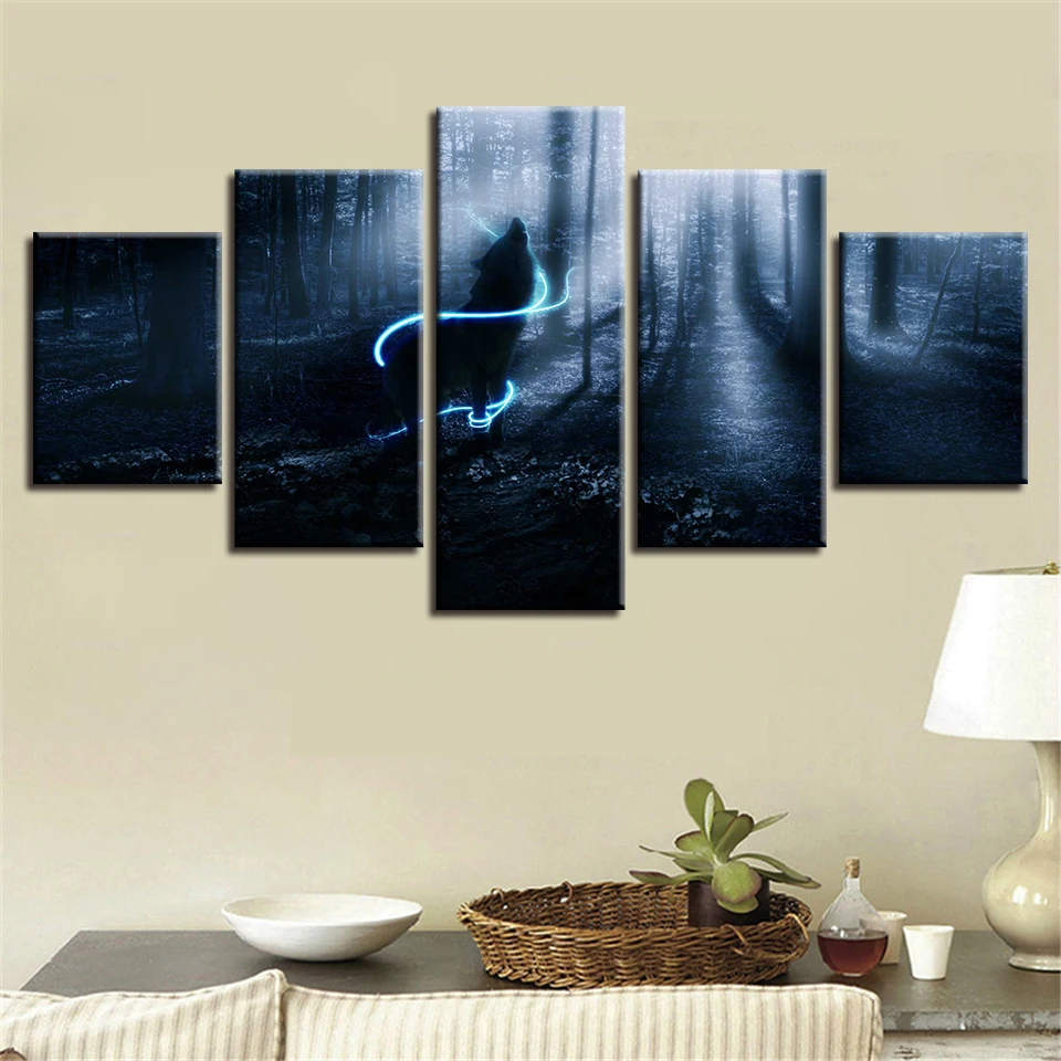 

Decor Bedroom Wall Art Modular Framed Painting 5 Pieces HD Printing Animal Wolf Howling In The Forest Night View Canvas Pictures