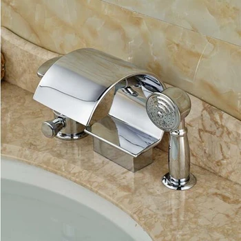 

Luxury C Shape Spout Bathtub Faucet Single Handle W/ Brass Handheld Chrome