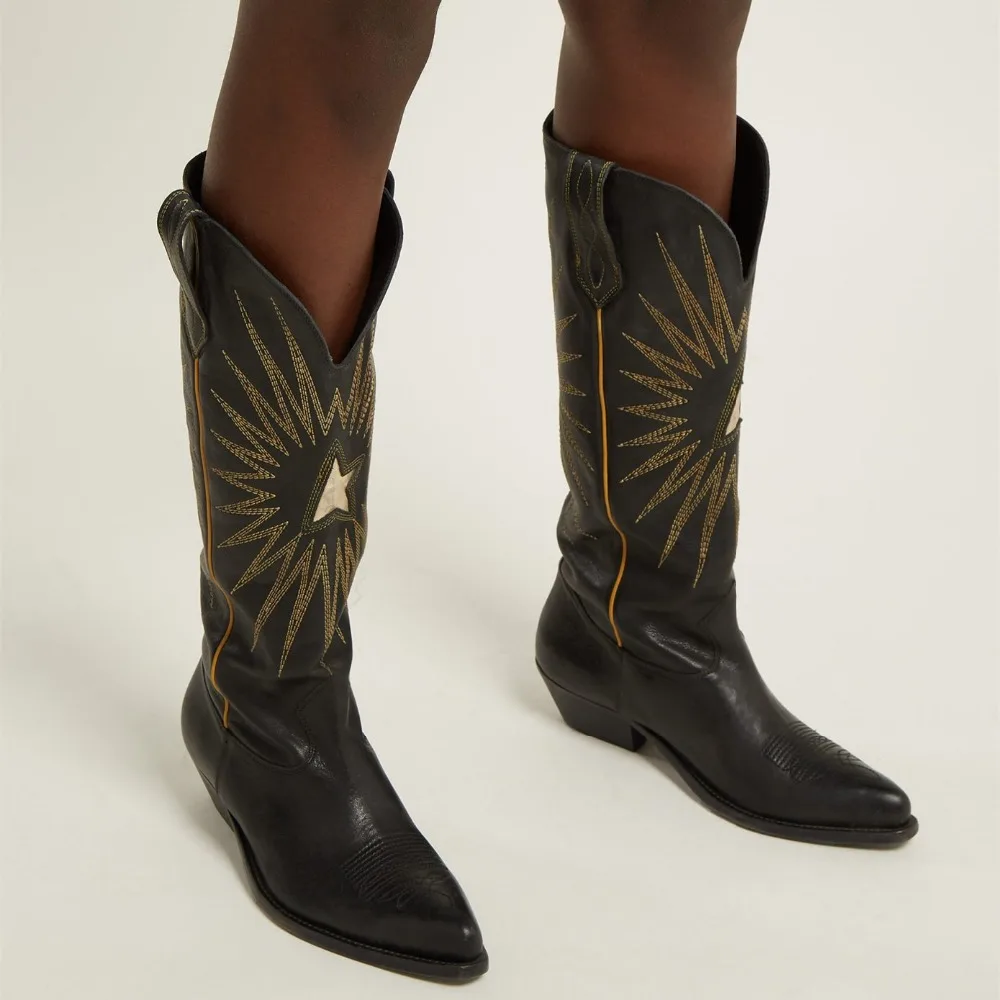 

Newest Embroidery Cowboy Boots Fashion Point Toe Ladies Square Toe Autumn Boots Women Knee High Boots Med Heel Slip On Boots