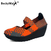 BeckyWalk/Женская обувь на танкетке на среднем каблуке Весенняя повседневная обувь тканая женская обувь ручной работы летние дамские сандалии на платформе WSH2906