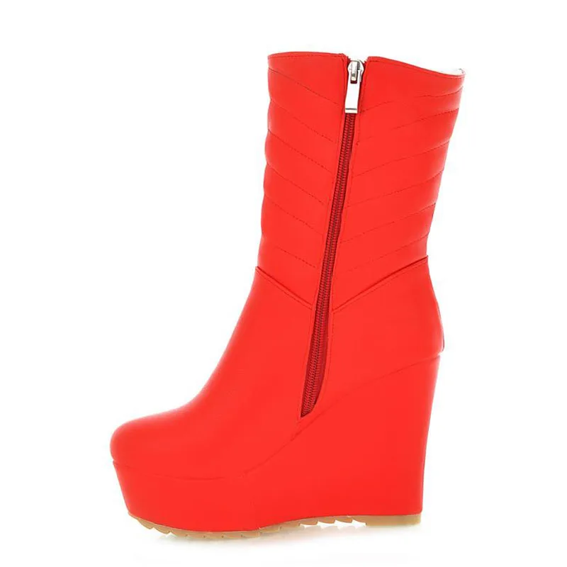 Taoffen/модные женские сапоги на высокой танкетке, теплая обувь на платформе, женская зимняя обувь с круглым носком на толстой подошве, сапоги до середины икры, размер 34-39