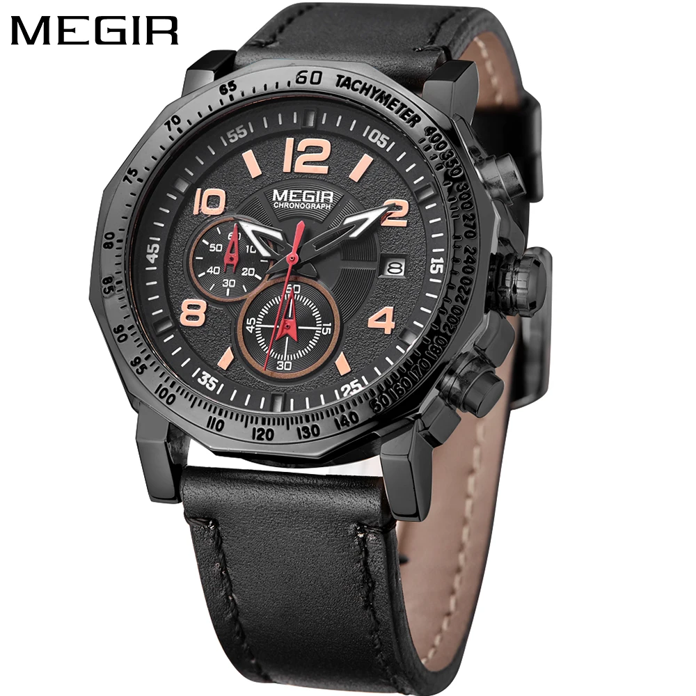 

MEGIR Brand Fashion Men's Wrist Watches Black Genuine Leather Retro Clock Man Military Waterproof Quartz watch Relogio Masculino