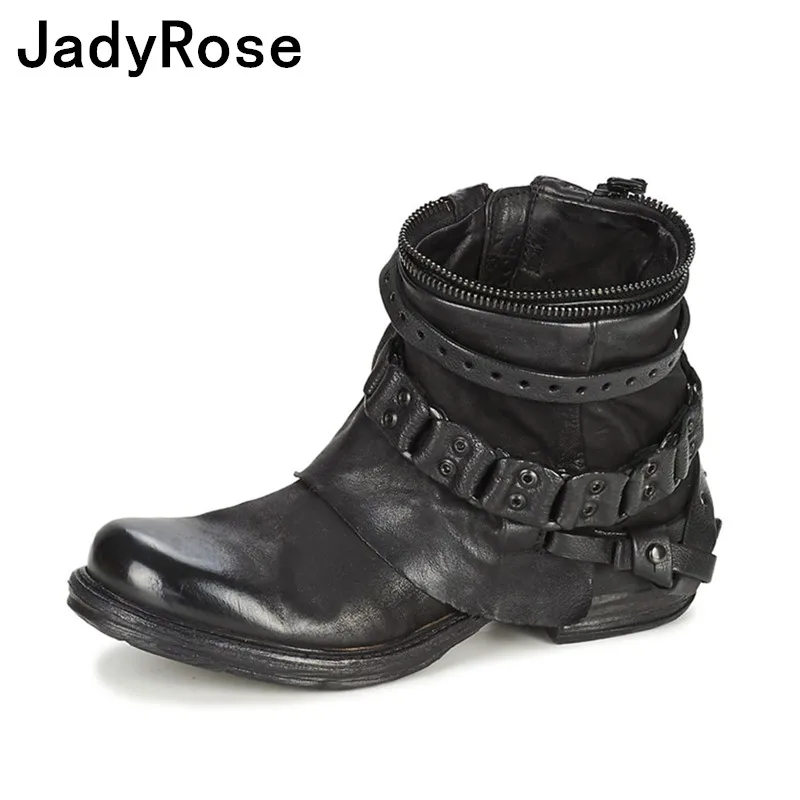 

women black genuine leather martin boots low heels winter ankle boot shoes woman vintage fashion zapatos mujer chains bota mujer