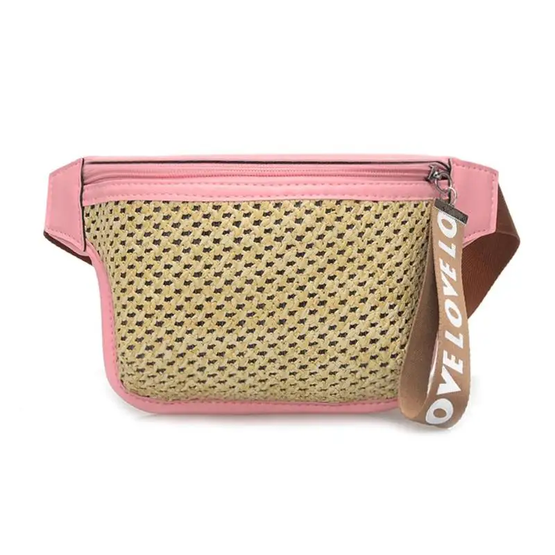 Летняя Пляжная соломенная плетеная поясная сумка в богемном стиле, Женская поясная сумка с ремнем, чистый мешочек на молнии, нагрудная сумка - Цвет: Pink